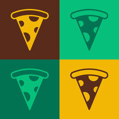 Pop art Slice of pizza icon isolated on color background. Fast food menu. Vector