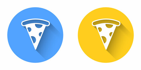 White Slice of pizza icon isolated with long shadow background. Fast food menu. Circle button. Vector