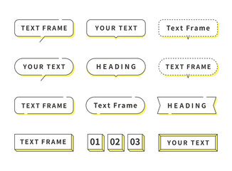 テキストフレーム、見出し背景、吹き出しのイラストセット（線画、黄色の影付版）