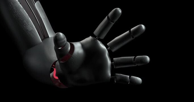 Close Up Bionic Robot Hand Moving Slowly. AI Humanoid. Alpha Luma Channel. Robotics And Technology 3D Concept.