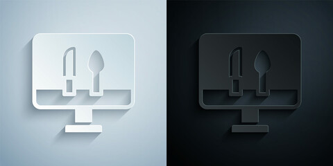 Obraz premium Paper cut Online ordering and fast food delivery icon isolated on grey and black background. Paper art style. Vector