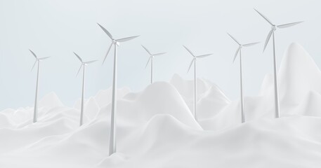 Futuristic landscape with wind turbines, snowy hills and blue sky. Alternative renewable power generation, green energy concept. Realistic 3d illustration of windmills with silver vanes