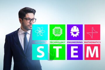 Businessman pressing virtual buttons in STEP education concept