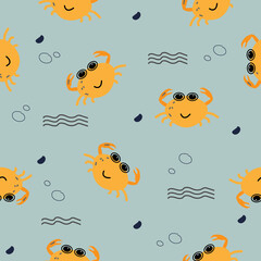 Seamless pattern with happy crab.Animal background. Vector illustrator 