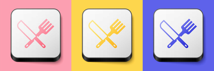 Isometric Crossed knife and fork icon isolated on pink, yellow and blue background. Cutlery symbol. Square button. Vector