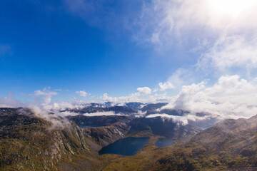 Mountain view in Rosendal Norway. Panorama of mountains and lake in Rosendalsalpene.