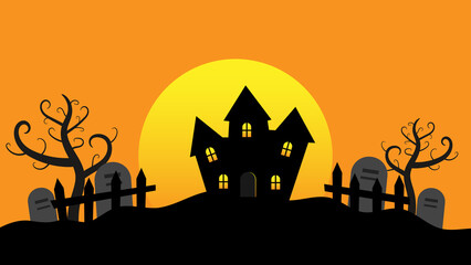 happy Halloween holiday party background. haunted house with full moon and trees on hills cartoon flat style with copy space