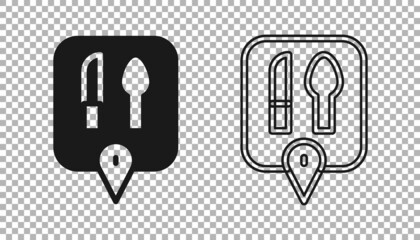 Black Cafe and restaurant location icon isolated on transparent background. Knife and spoon eatery sign inside pinpoint. Vector.