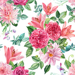 Floral seamless patterns, branches of roses, dahlia, lilies, sweet peas and eucalyptus leaves. Watercolor painting