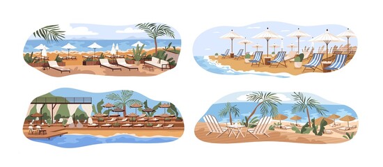 Sea and ocean beaches with umbrellas and deckchairs. Summer landscapes of luxury equipped seaside resorts with sand coast, sunbeds and parasols. Flat vector illustration isolated on white background