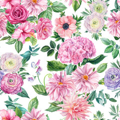Floral seamless patterns, hydrangea, roses, dahlia, sweet peas and eucalyptus leaves. Watercolor painting