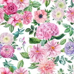 Tischdecke Floral seamless patterns, hydrangea, roses, dahlia, sweet peas and eucalyptus leaves. Watercolor painting © Hanna