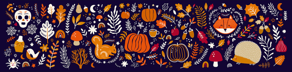 Fototapeta na wymiar Autumn decorative collection with pumpkins, leaves, animals and halloween symbols