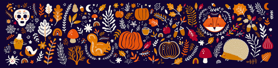 Autumn decorative collection with pumpkins, leaves, animals and halloween symbols