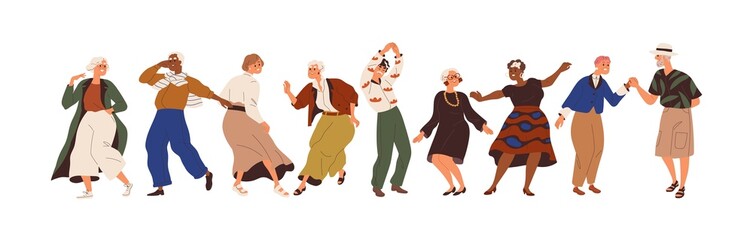Aged people having fun at senior dance party. Happy old man and woman dancing with joy. Active elderly females and males moving to music. Flat vector illustration isolated on white background - obrazy, fototapety, plakaty