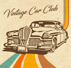 Vintage car on retro background.   