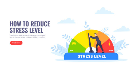Reduce stress level flat style design concept vector illustration. Emotion overload, burnout and fatigue from work. Stress level meter gauge emotion stages. Person pushes arrow from maximum to minimum