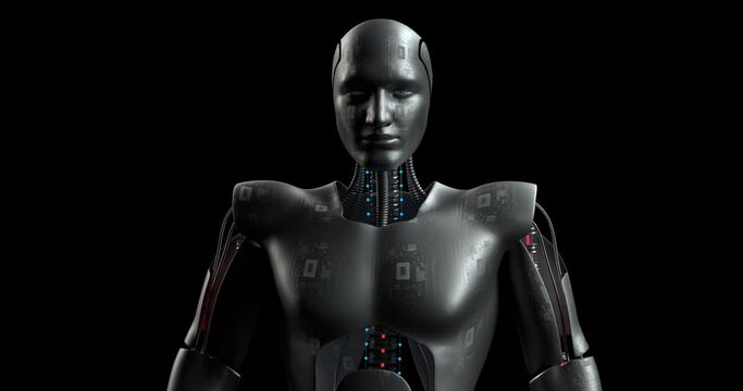 Advanced Powerful Bionic Robot Standing. AI Humanoid. Alpha Luma Channel. Robotics And Technology 3D Concept.