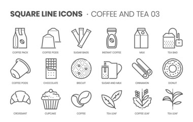 Coffee and tea 03 related, pixel perfect, editable stroke, up scalable square line vector icon set.