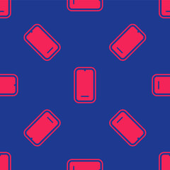 Red Smartphone, mobile phone icon isolated seamless pattern on blue background. Vector