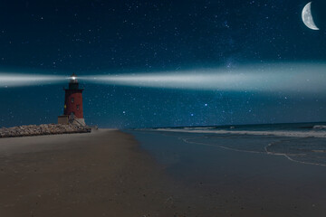 lighthouse at night on beach with moon and star filled sky