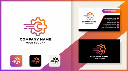 gear tool logo concept with line and business card design