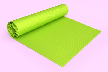 Green yoga mat or lightweight foam camping bed roll pad isolated on pink.