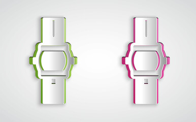 Paper cut Wrist watch icon isolated on grey background. Wristwatch icon. Paper art style. Vector