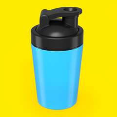 Blue plastic sport shaker for protein drink isolated on yellow background.