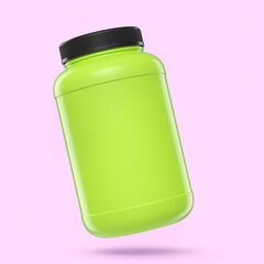 Green plastic jar for sport nutrition whey protein powder isolated on pink