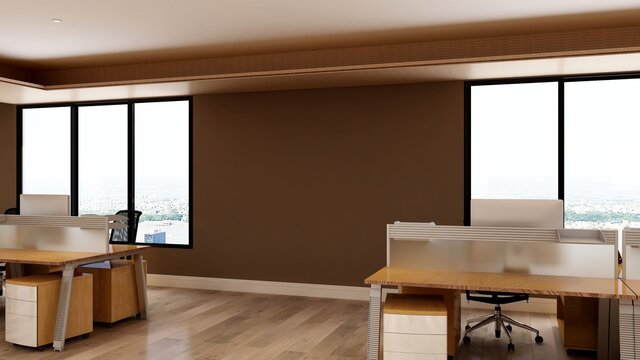 office area with blank wall 3d design interior for company logo mockup branding