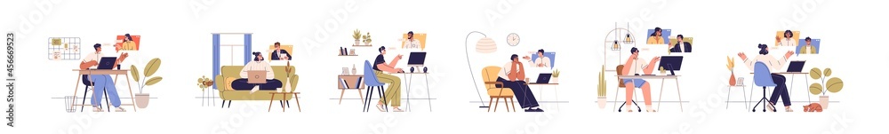 Aufkleber people with computers during online business communication at remote work. set of man and woman with