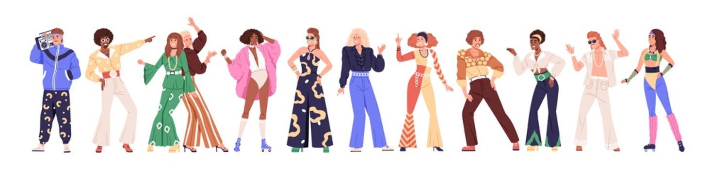 Set of people from 80s. Man and woman dance disco in retro-styled fashion outfits of 1980s. Stylish characters in party clothes of eighties. Flat vector illustration isolated on white background