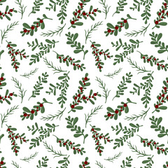 Fototapeta na wymiar Hand drawn floral winter seamless pattern with christmas tree branches and berries. Vector illustration background