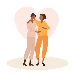 Homosexual couple waiting for baby. Two happy women embrace and smile. African American gay couple expecting baby. Motherhood happiness. LGBT, lesbian family Flat vector illustration