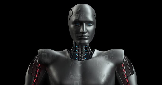 Super Robot Moving His Head. Big Data is Loading. AI Humanoid. Alpha Luma Channel. Robotics And Technology 3D Concept.