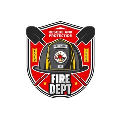 Fototapeta premium Firefighting department icon. Fire dept, firefighting brigade vector vintage badge or retro symbol with crossed shovels, firefighter helmet with axe, ladder and pike pole on emblem