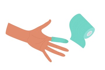 Physical injury. First aid for cuts. Bandaging. Hand with bandaged index finger and roll dressing, bandage. Medical procedure. Minor injury. First Aid Instruction for Cut. Accident, wound