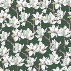 Floral pattern of white magnolias in green tones. Vector vintage seamless background for fabric