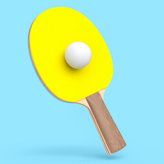 Yellow ping pong racket for table tennis with ball isolated on blue background