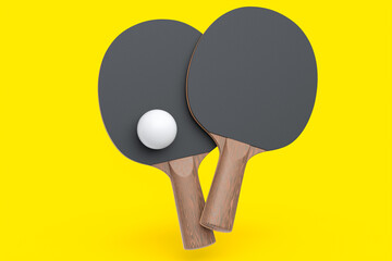 Pair of ping pong rackets for table tennis with ball isolated on yellow