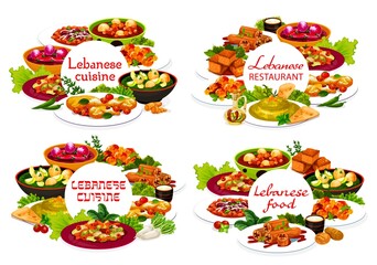 Lebanese cuisine restaurant food with vector Arab dishes of vegetables, meat and dessert. Hummus with crouton, lamb kofta and dumpling soups, fattoush salad, halloumi cheese, stuffed zucchini and cake