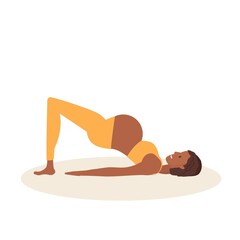Bridge Pose. Pregnant African American woman doing yoga. Woman in sportswear doing floor exercises on mat. Active lifestyle and baby health care. Prenatal Sethu Bandha Sarvangasana.