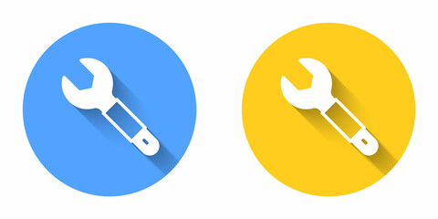 White Wrench spanner icon isolated with long shadow background. Spanner repair tool. Service tool symbol. Circle button. Vector