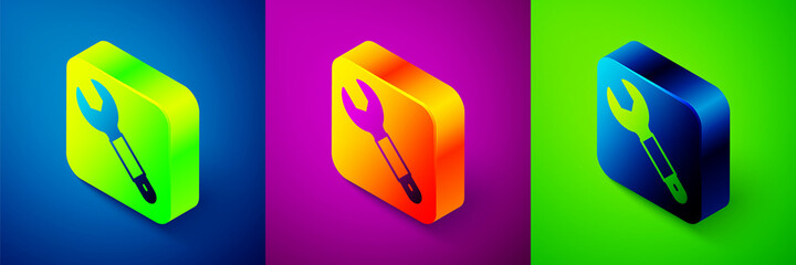 Isometric Wrench spanner icon isolated on blue, purple and green background. Spanner repair tool. Service tool symbol. Square button. Vector