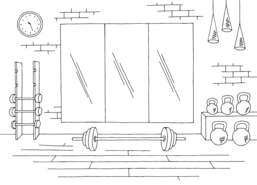 Weightlifting sport gym interior graphic black white sketch illustration vector
