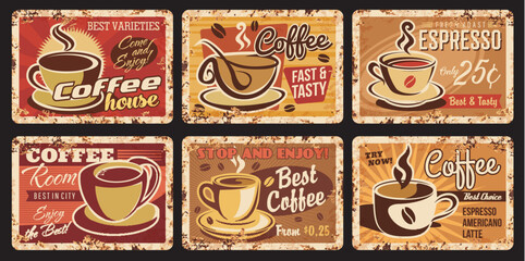 Vintage steaming coffee rusty plates. Coffeehouse, cafe hot drinks and beverages vintage vector grungy tin signs, shabby metal plates with rust texture, espresso, americano and late coffee in cups © Vector Tradition
