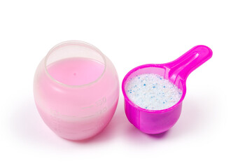 Laundry detergents in form of powder, liquid in measuring cups