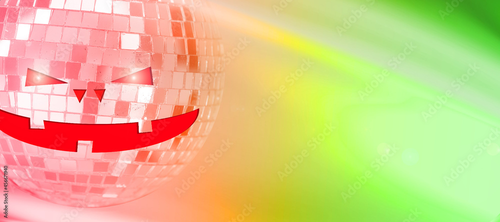 Poster mirror ball with halluin face on colored background with highlights