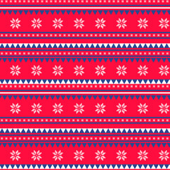 Seamless pattern of Christmas cross stitch on a sweater. Snowflakes and triangles. Knitting and embroidery according to the scheme. Cross stitch
